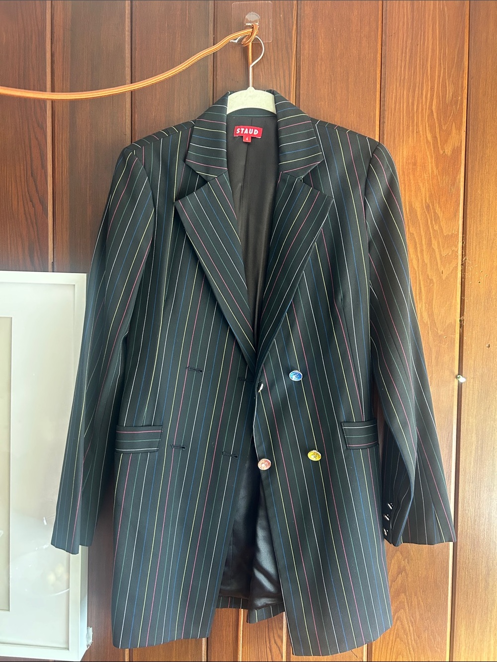 STAUD Black Pinstripe Blazer Mini Dress with Rainbow Buttons 🌈